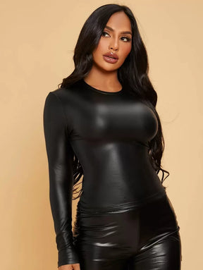 Camiseta de Manga Longa Skinny de Couro PU Preto Radiana