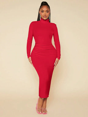 Vestido Longo Drapeado Sólido Branco de Gola Alta - Radiana